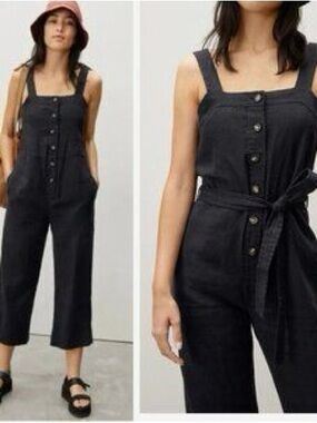Everlane The Linen Picnic Sleeveless Jumpsuit In Washed Black